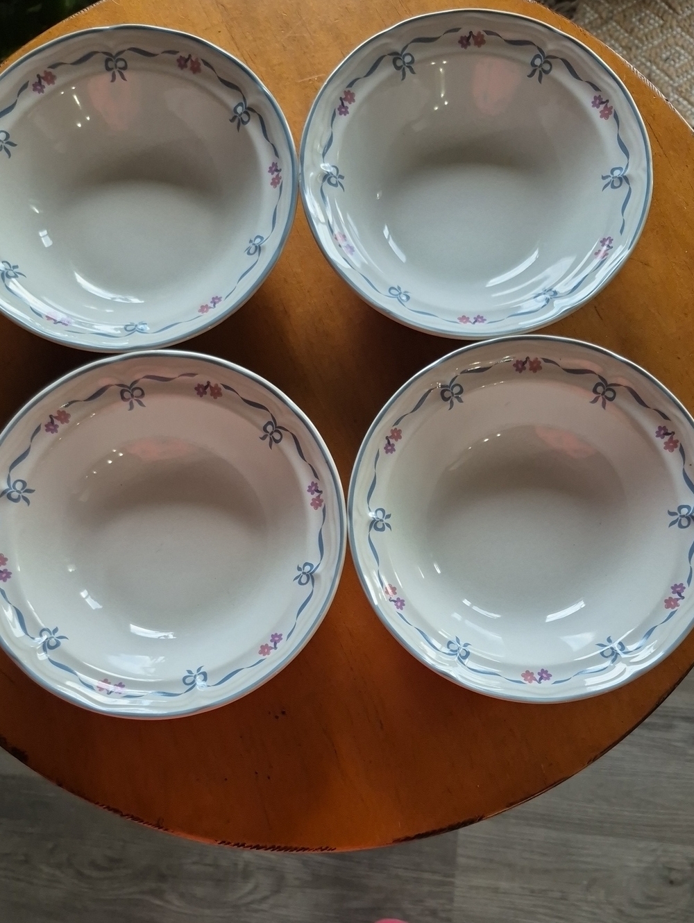Newcor Victoria Ceramic Bowls with Blue Ribbon and Pink Floral Trim - Set of 4